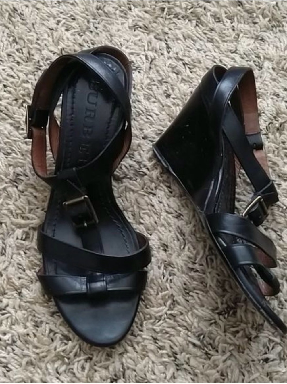 Burberry Black Leather Wedge Sandals with Ankle Strap